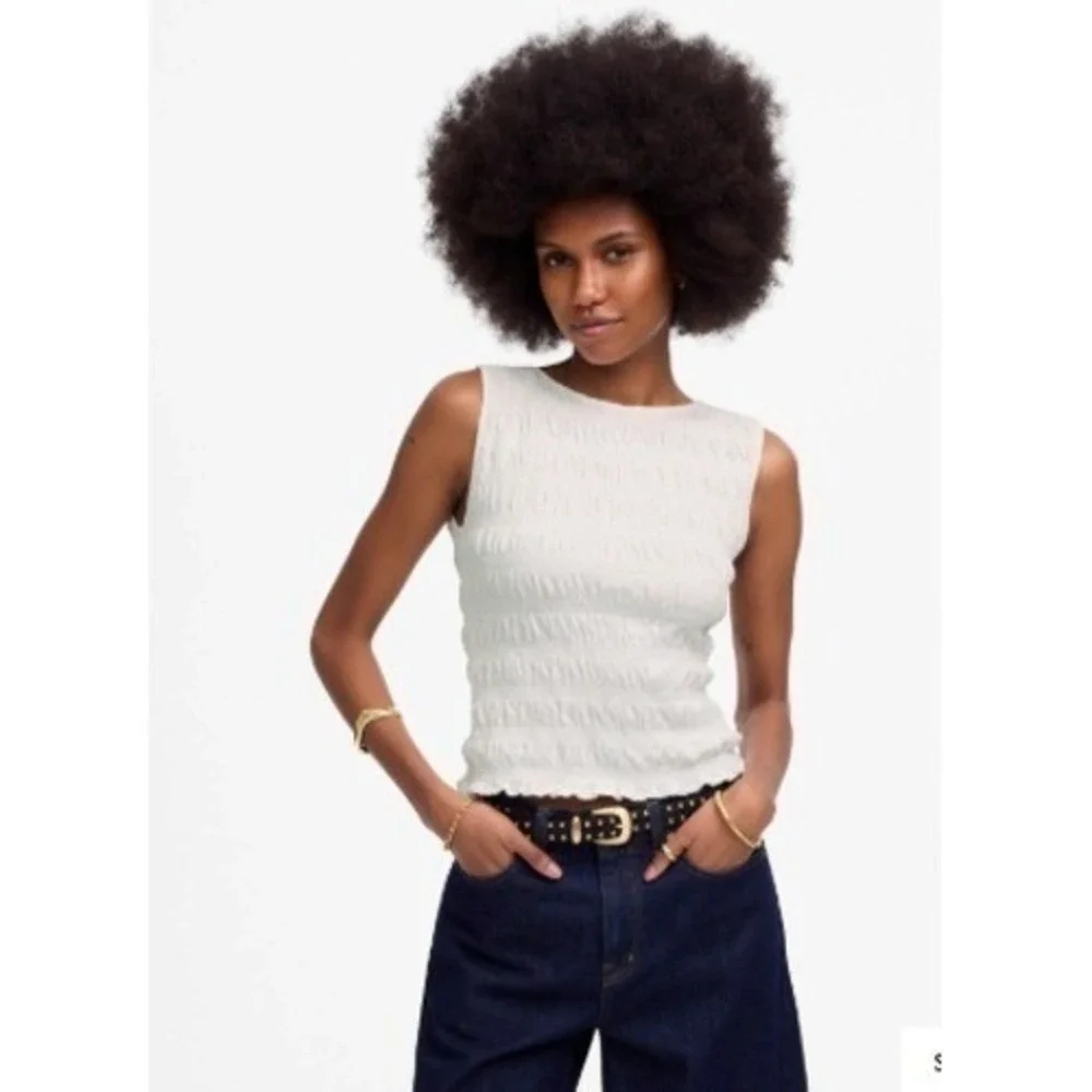 Madewell Top Womens XS White Smocked Boatneck Tank Sleeveless Cotton Blend NV912 - Picture 1 of 13
